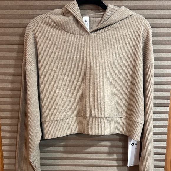 ALO Yoga Muse Hoodie Gravel Heather Knit Cropped Pullover Women's Size S - Picture 3 of 8